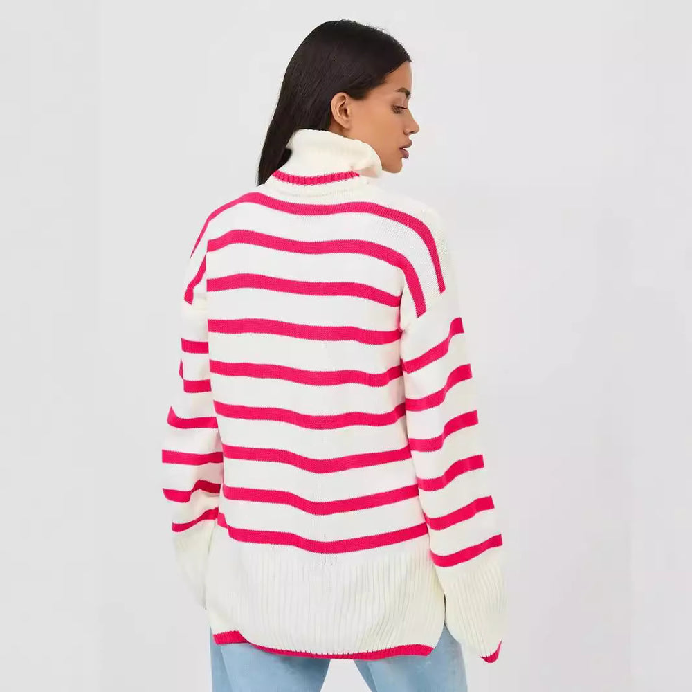 Damen gestrickter Rollkragenpullover mit modernem Streifenmuster und weitem Schnitt Heidi-Mode