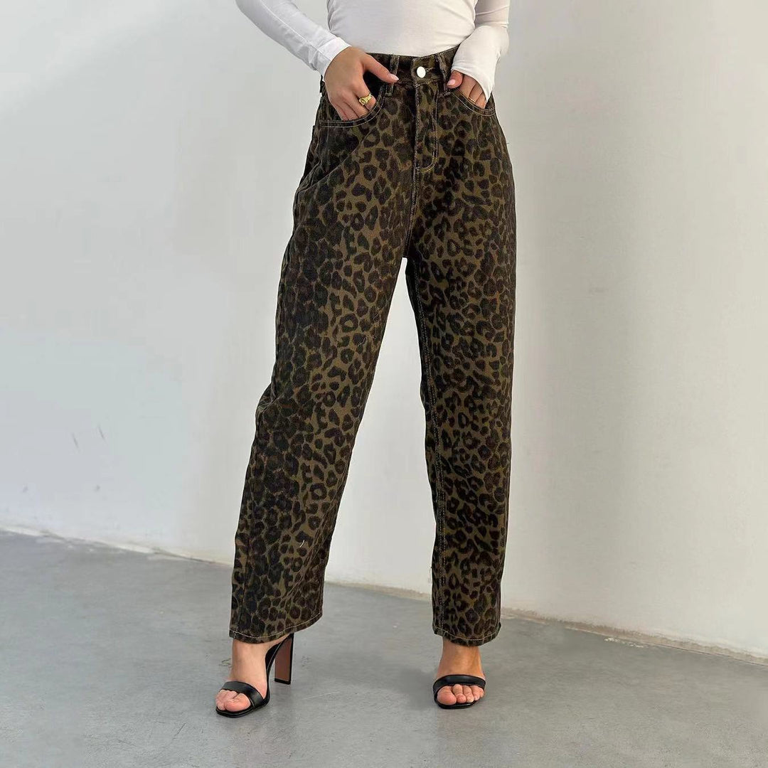 Damen Leo-Print Jeanshose mit hoher Taille und geradem Schnitt Heidi-Mode