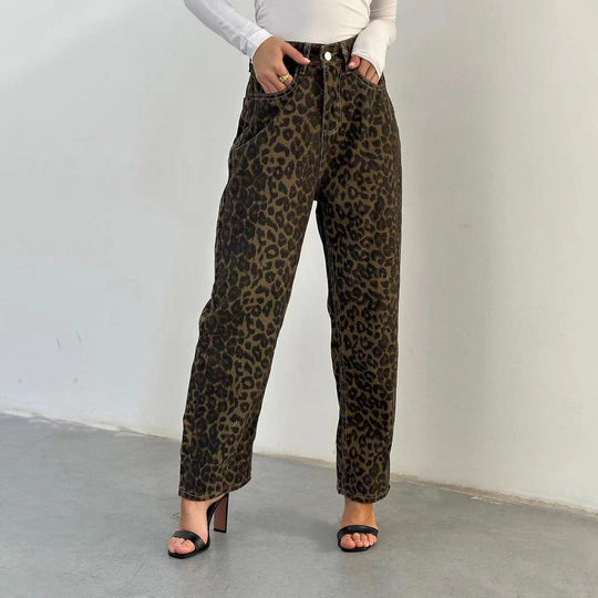 Damen Leo-Print Jeanshose mit hoher Taille und geradem Schnitt Heidi-Mode