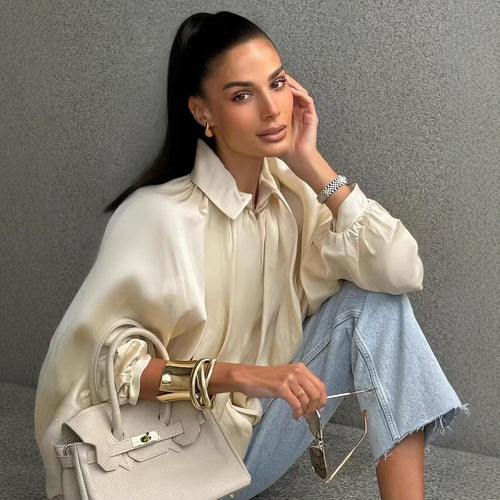 Damen Oversize Satinjacke mit Reißverschluss und elastischem Bündchen Heidi-Mode