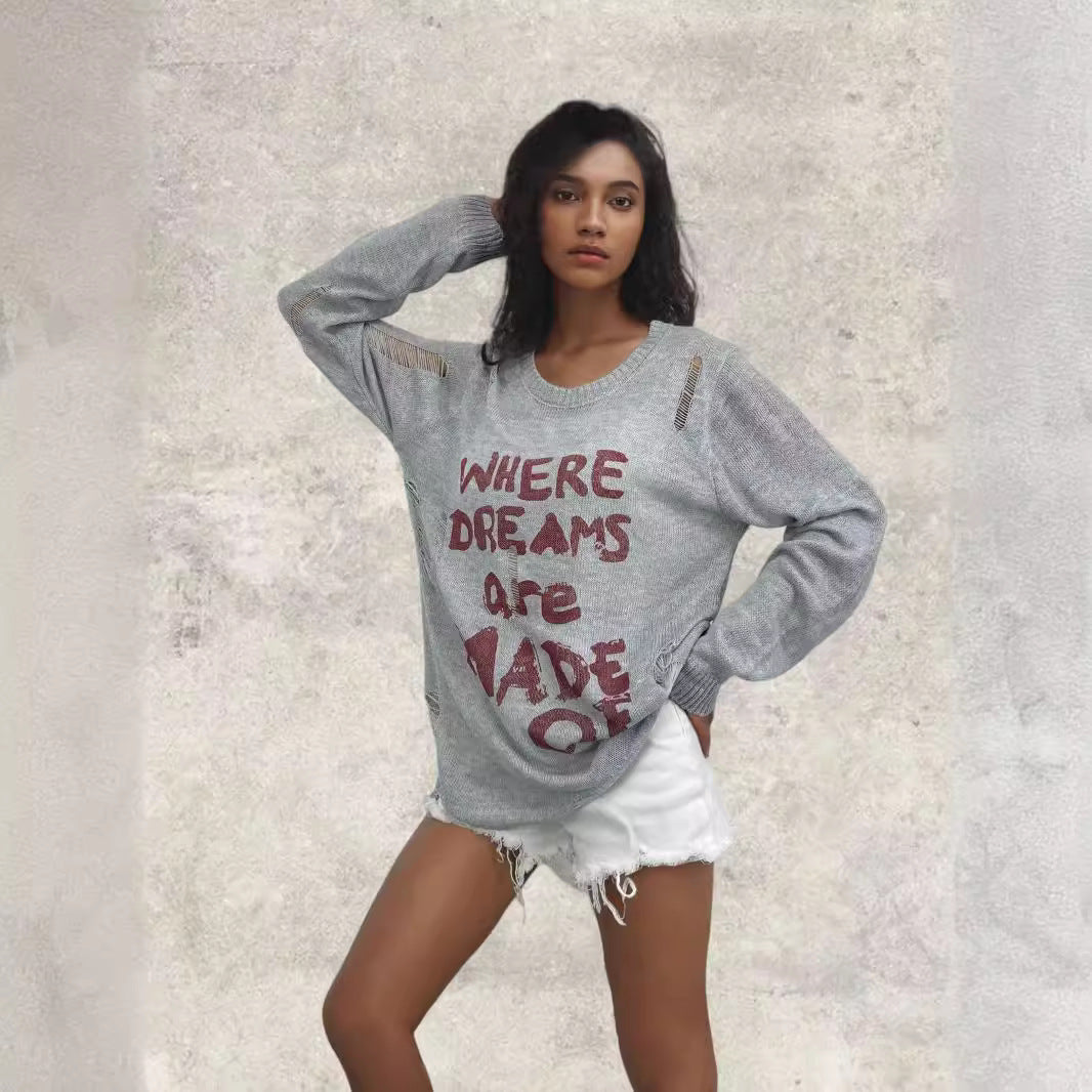 Damen lässiger Oversized Pullover mit auffälligem Schriftzug und Strick-Details Heidi-Mode