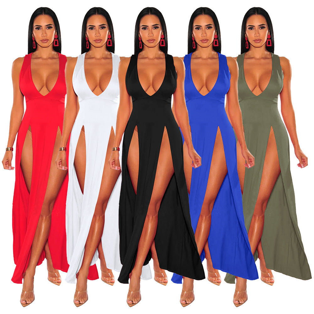 Damen Elegantes Maxikleid mit tiefem V-Ausschnitt und seitlichen Schlitzen Heidi-Mode