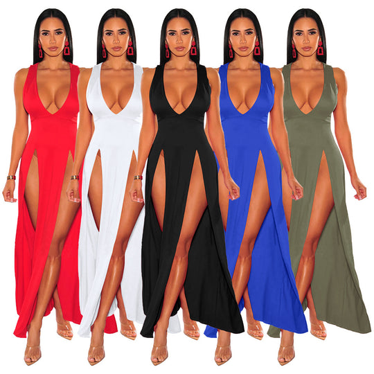Damen Elegantes Maxikleid mit tiefem V-Ausschnitt und seitlichen Schlitzen Heidi-Mode