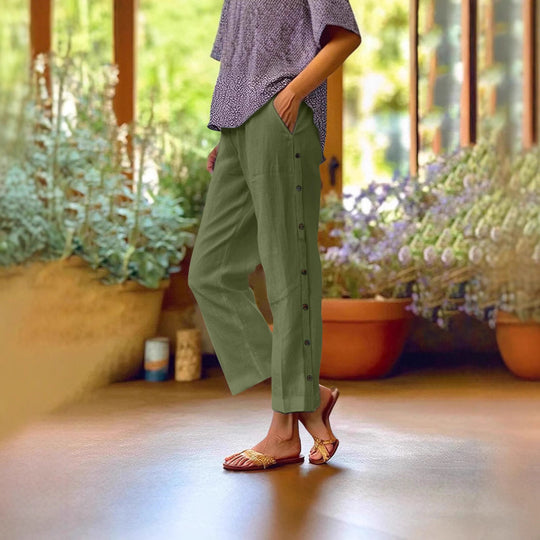 Damen Leichte und luftige Freizeithose mit Knopfdetails Heidi-Mode