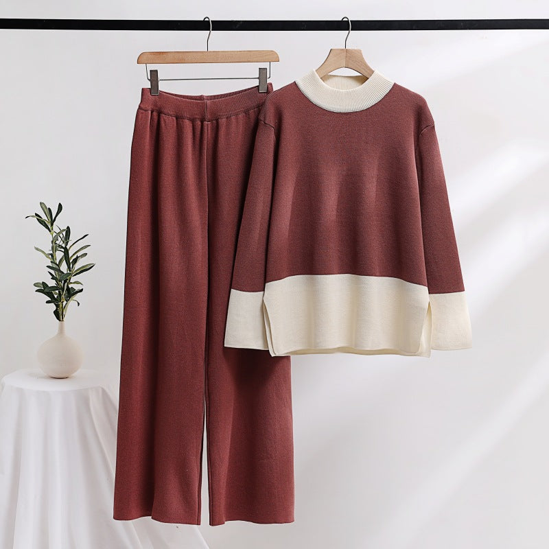 Damen elegantes Strick-Loungewear-Set mit weitem Bund und dekorativem Kragen Heidi-Mode