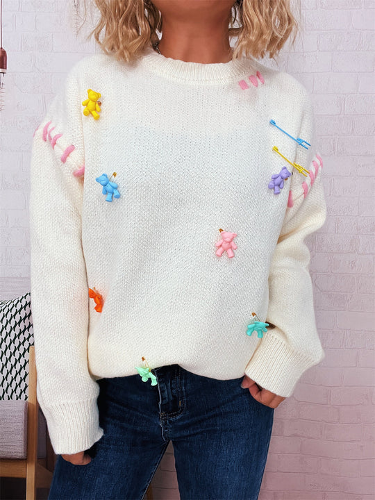Damen Pullover mit verspieltem Bären-Motiv und dekorativen Applikationen Heidi-Mode