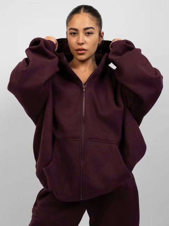 Damen oversized Fleece-Hoodie mit lässigem Reißverschluss und Kängurutaschen Heidi-Mode