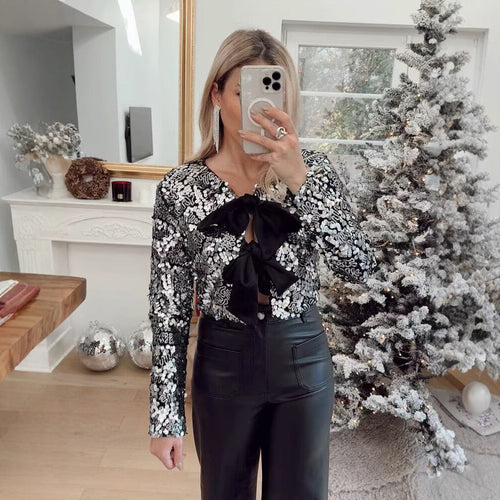 Damen elegante Lurex-Partyjacke mit Rüschen und schönen Schleifen Heidi-Mode