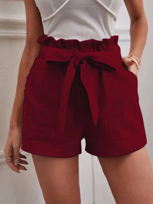 Damen kurze Lockere Leinenhose mit Bindegürtel Heidi-Mode