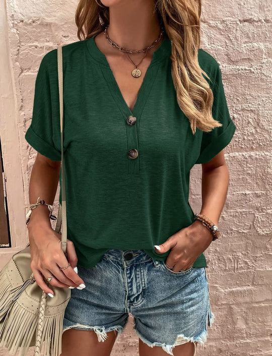 Damen legeres V-Ausschnitt T-Shirt mit Knopfleiste Heidi-Mode