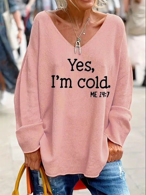 Damen Oversized Pullover mit modernem V-Ausschnitt und aufgedrucktem Statement Heidi-Mode