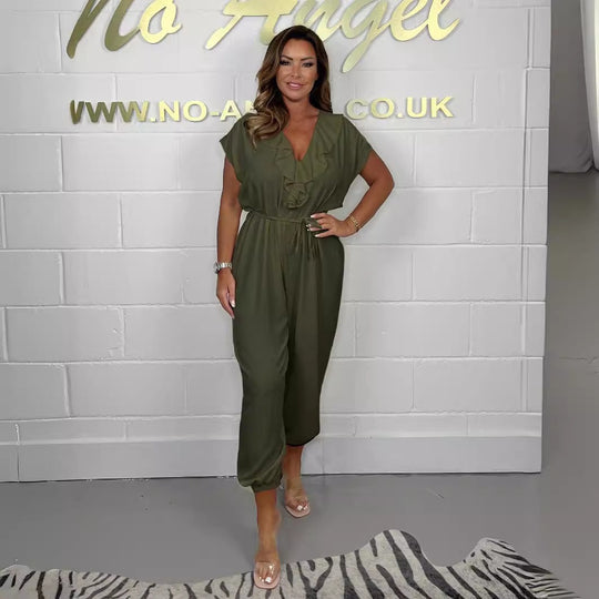 Damen Jumpsuit mit Rüschendetails und Bindegürtel Heidi-Mode