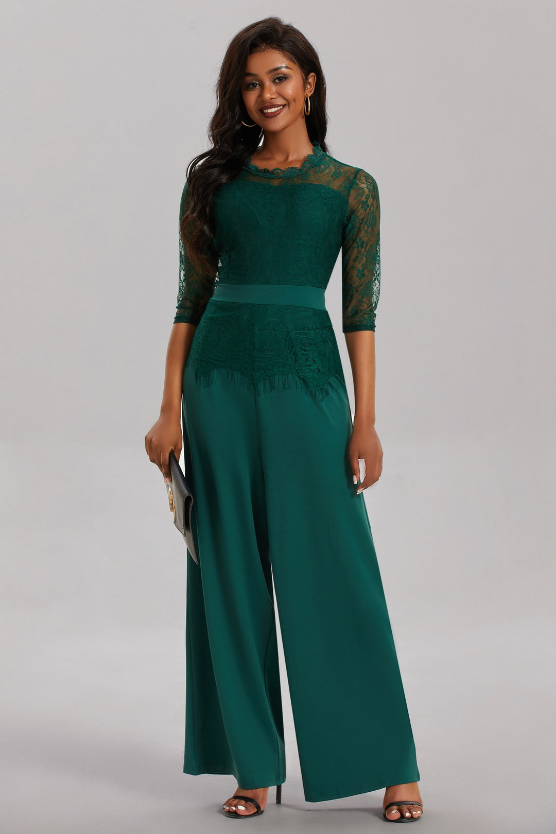 Damen Eleganter Jumpsuit mit Spitzenärmeln und weitem Bein Heidi-Mode