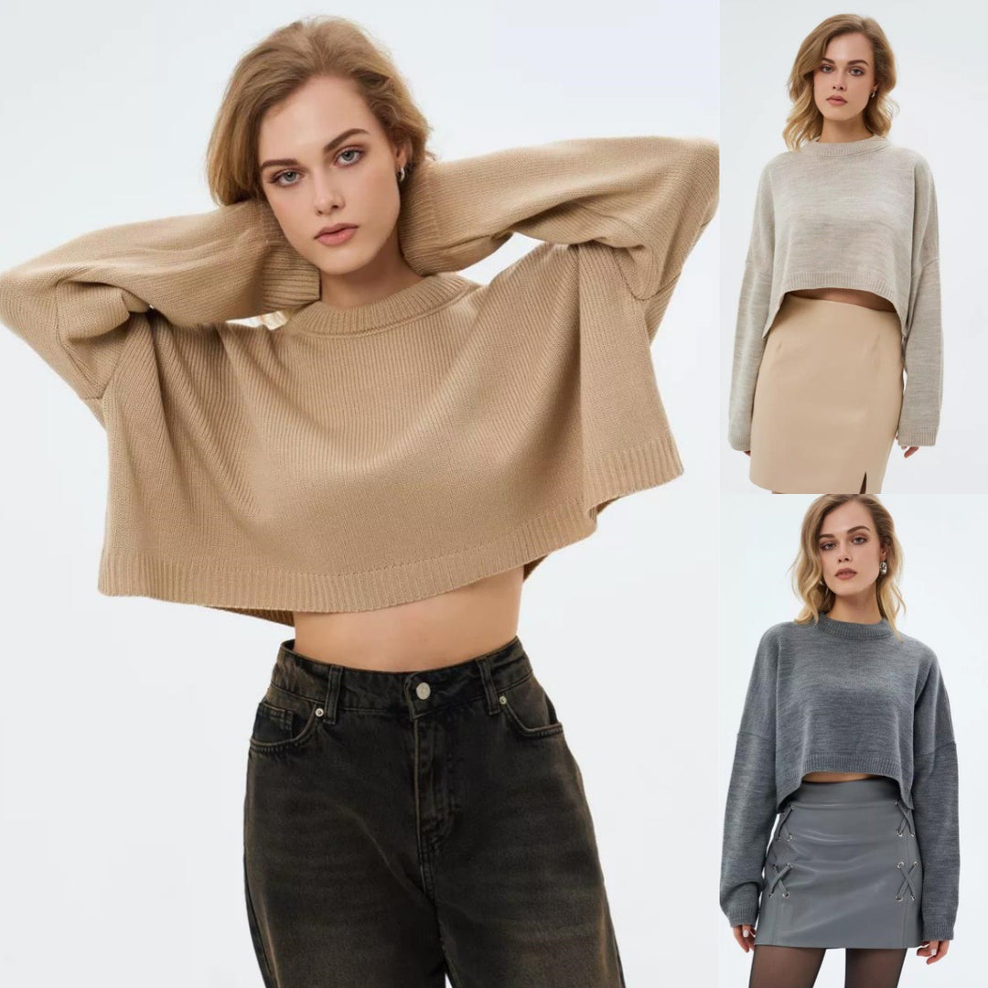 Damen Crop-Pullover im lässigen Oversized-Stil mit weiten Ärmeln und strukturiertem Design Heidi-Mode