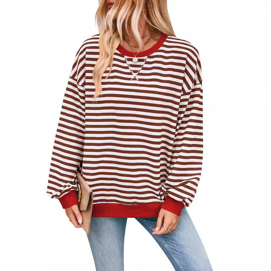 Damen lässiger Oversized Sweatshirt mit bunten Streifen und Kapuzenkordel Heidi-Mode