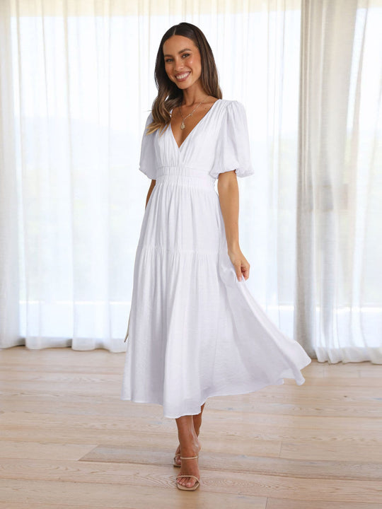 Damen Maxikleid mit voluminösen Puffärmeln und tiefer V-Ausschnittgestaltung Heidi-Mode