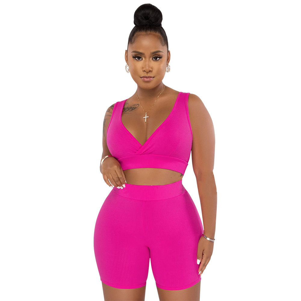 Damen Sportliches Set aus Cropped Oberteil und Radlerhosen mit Rippstruktur Heidi-Mode