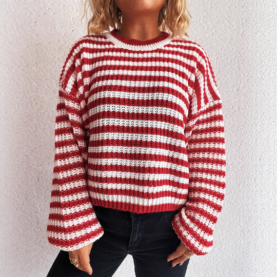 Damen lässiger Strickpullover mit breiten Streifen Heidi-Mode