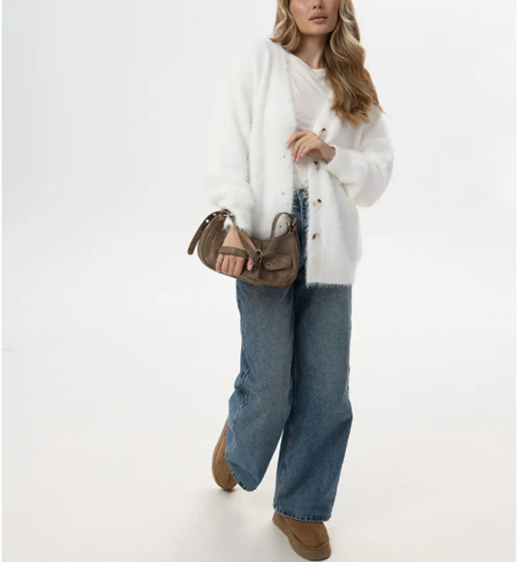 Damen Flauschiger Cardigan mit Perlknöpfen und lockerer Passform Heidi-Mode