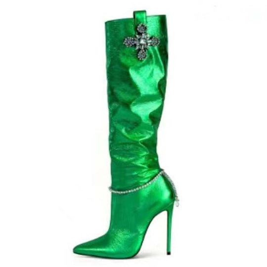 Damen Slouchy Stiletto Oberschenkelhohe Stiefel mit dekorativem Akzent Heidi-Mode