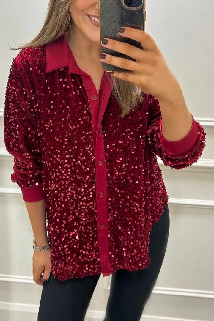 Damen Glitzernde Bluse aus Pailletten mit klassischem Kragen Heidi-Mode