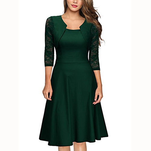 Damen Midi-Kleid mit Spitzenärmeln und schwingendem Rock Heidi-Mode