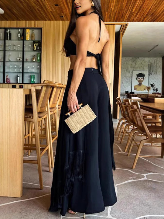 Damen Halterneck Häkeloberteil und weite Hosen Set Heidi-Mode
