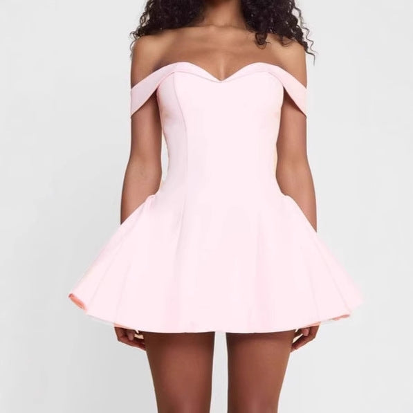 Damen Off-Shoulder Minikleid mit voluminösem Rock und elegantem V-Ausschnitt Heidi-Mode