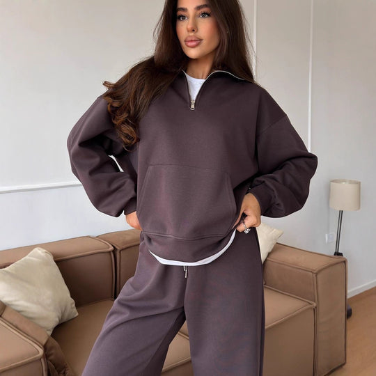 Damen lässiges Fleece-Set mit hochgeschlossenem Reißverschluss und weiten Beinen Heidi-Mode