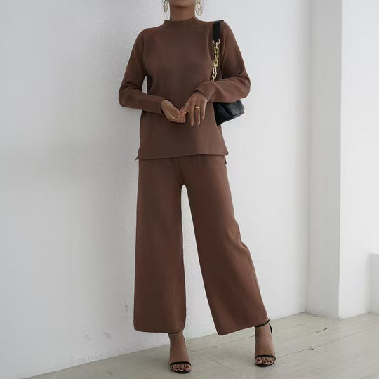 Damen elegantes und lässiges Strick-Loungewear-Set mit hohem Kragen und weiten Beinen Heidi-Mode