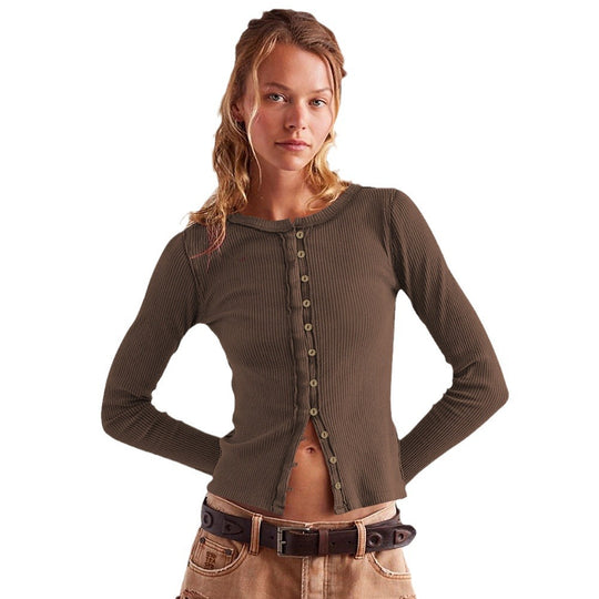 Damen Langärmliges Rippoberteil mit durchgehender Knopfleiste und figurbetontem Schnitt Heidi-Mode