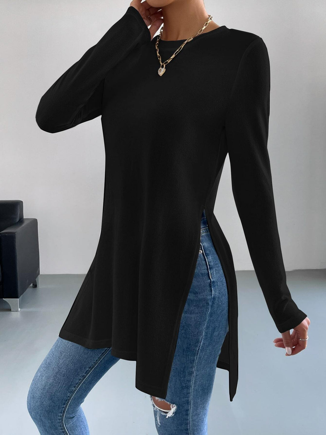 Damen Langarmshirt mit seitlichen Schlitzen und hochwertiger Verarbeitung Heidi-Mode