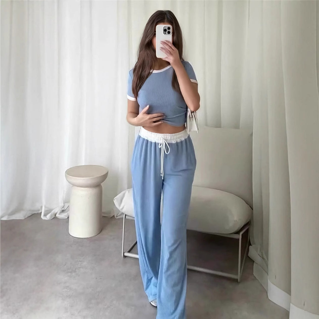 Damen lässiges Cropped Lounge-Set mit weicher Rippstruktur und bequemen Hosen Heidi-Mode