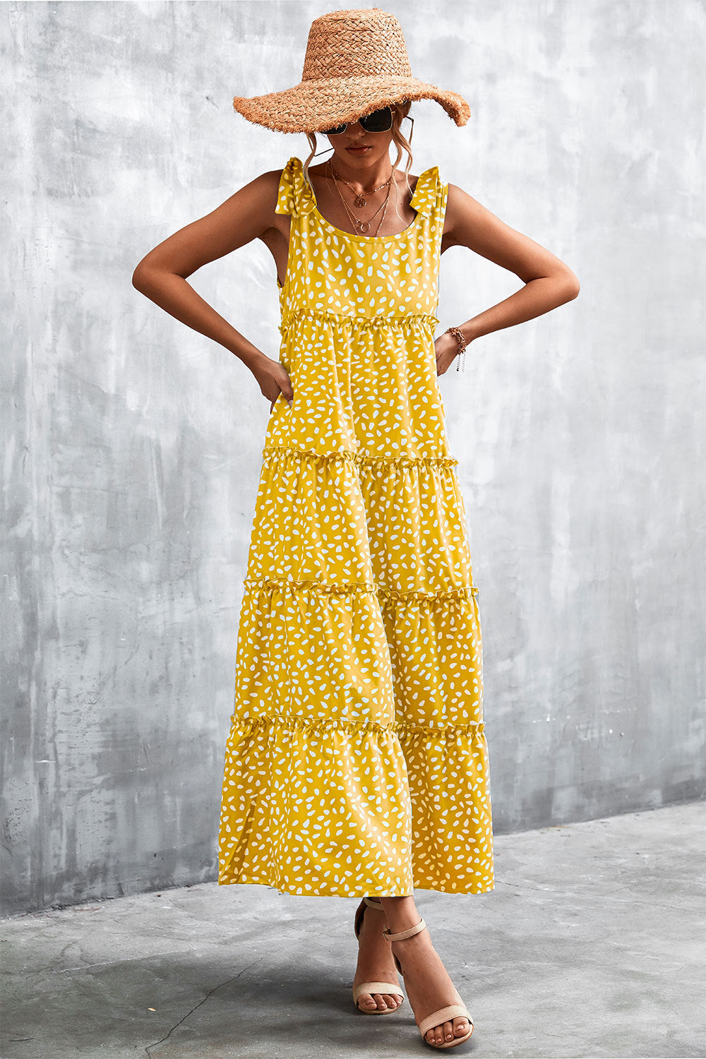 Damen Maxikleid mit verspieltem Volant und zartem Muster Heidi-Mode