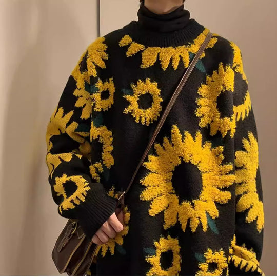 Damen Grobstrickpullover mit floralen Applikationen Heidi-Mode