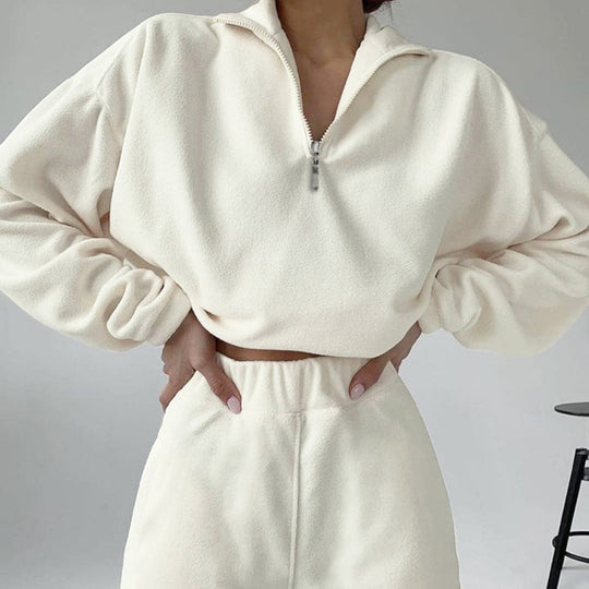 Damen lässiges Fleece-Loungewear-Set mit modernem Reißverschluss und weiten Ärmeln Heidi-Mode
