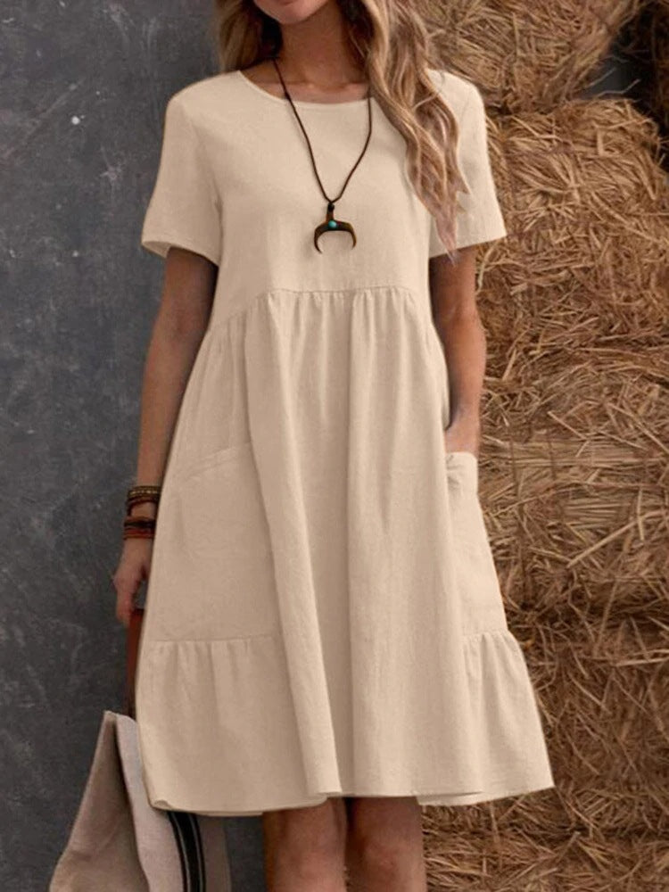 Heidi Mode | Lose Tasche einfarbig Rundhalsausschnitt Kleid