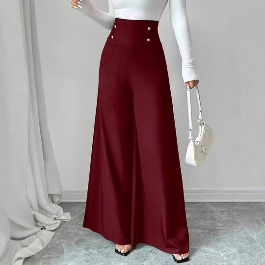 Damen Hochtaillierte Palazzo-Hose mit dekorativen Knöpfen Heidi-Mode