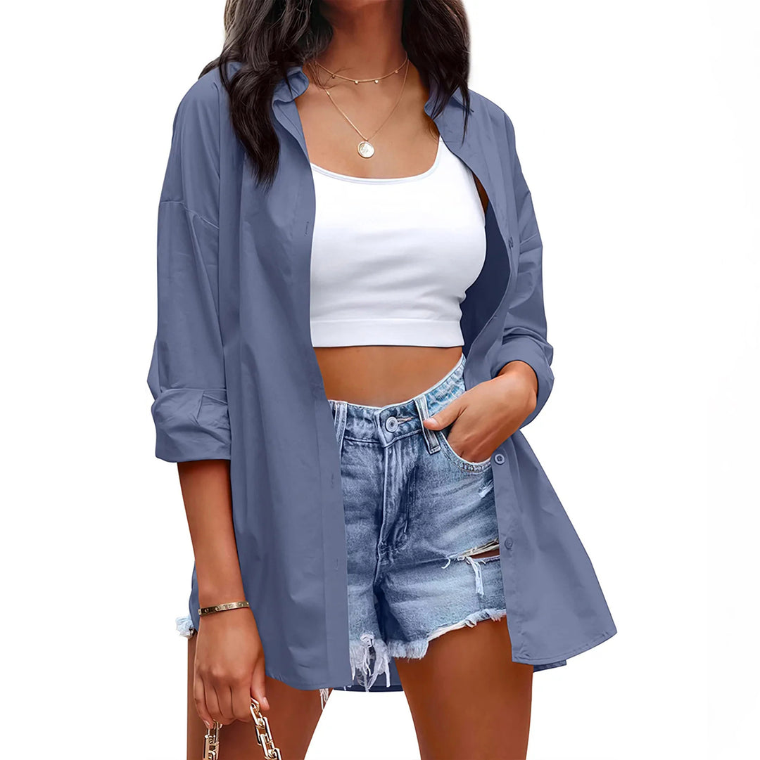 Damen lässige Leinenbluse mit langen Ärmeln und Knopfleiste Heidi-Mode