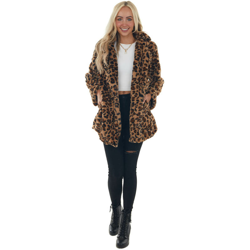Damen Gemütliche Leopard-Fleecejacke mit offenem Kragen Heidi-Mode