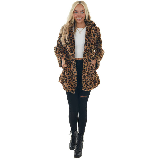 Damen Gemütliche Leopard-Fleecejacke mit offenem Kragen Heidi-Mode