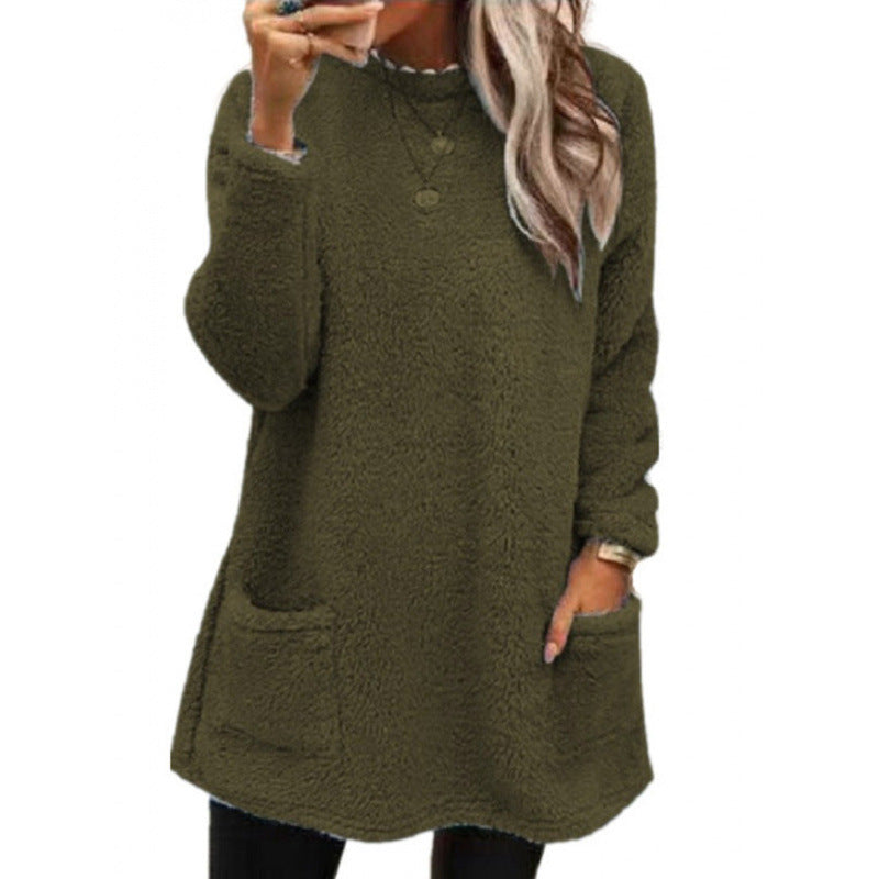 Damen Pullover mit weichem Teddy-Fleece und praktischen Taschen Heidi-Mode