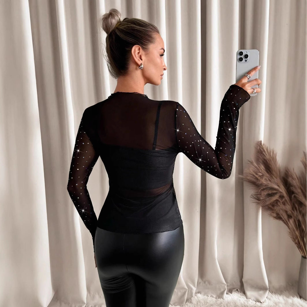 Damen Funktionsshirt aus transparenter Qualität mit glitzernden Applikationen Heidi-Mode