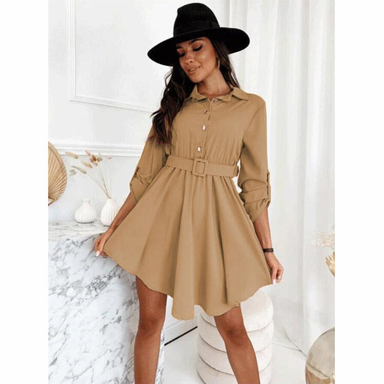 Damen Knielanges Hemdblusenkleid mit Taillengürtel und eleganten Details Heidi-Mode