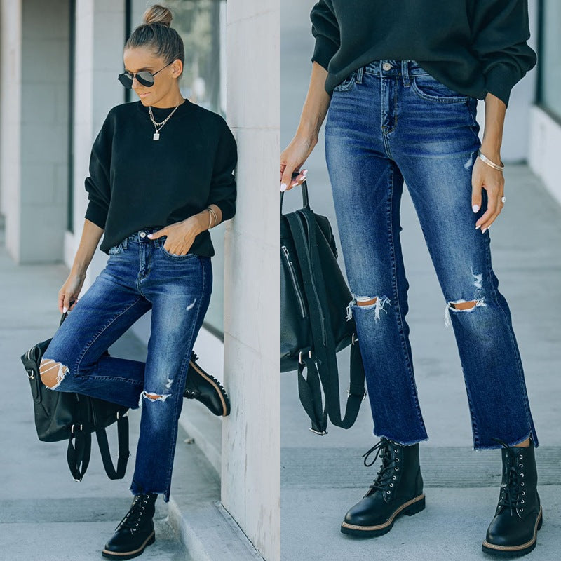 Damen Mom-Jeans im lässigen Used-Look mit modischen Rissen Heidi-Mode
