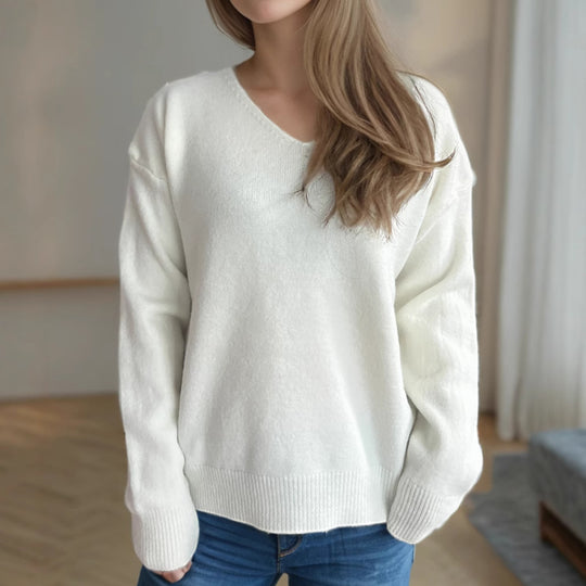 Damen lässiger V-Ausschnitt Pullover mit modernem Strukturdesign Heidi-Mode