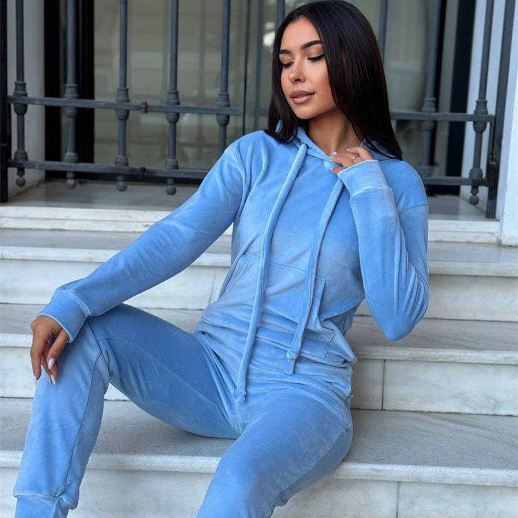 Damen sportlicher Velours-Jogginganzug mit Kapuze und elastischem Bund Heidi-Mode