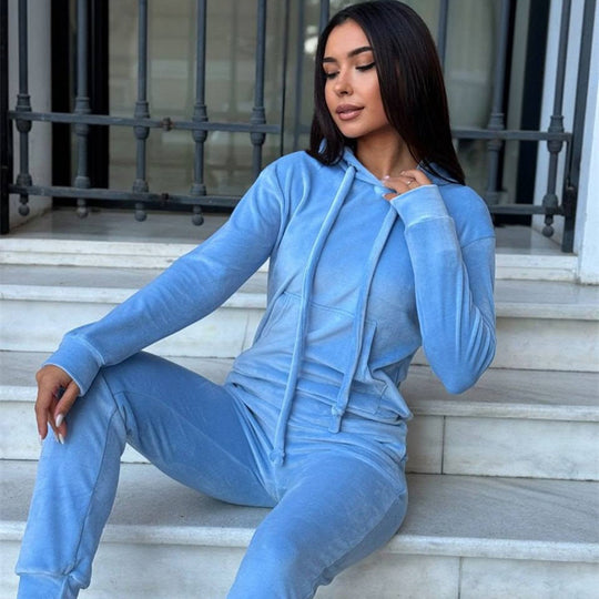 Damen sportlicher Velours-Jogginganzug mit Kapuze und elastischem Bund Heidi-Mode