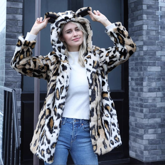 Damen Kuscheliger Pelzmantel mit Kapuze und Katzenohren Heidi-Mode