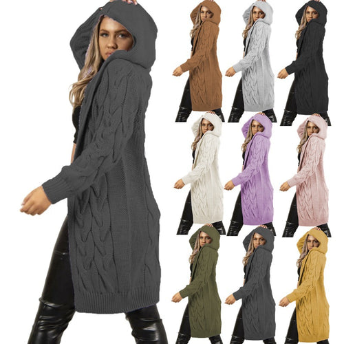 Damen Grober Strickmantel mit Kapuze und ausgefallenem Zopfmuster Heidi-Mode